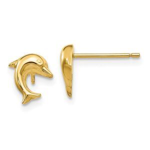 8mm Polished 3D Dolphin Post Earrings in 14k Yellow Gold